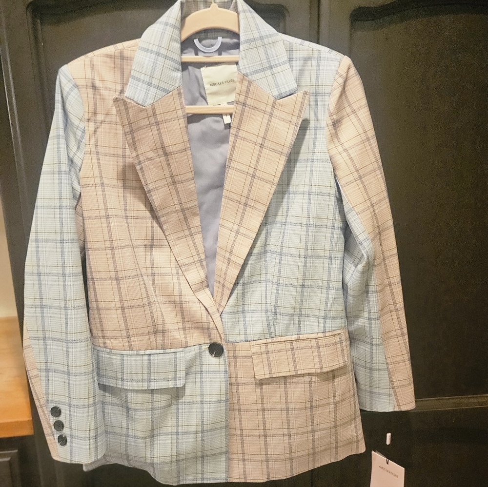 NWT Avec Les Filles (For The Girls) Oversize Color Block Lined Mini Plaid Blazer